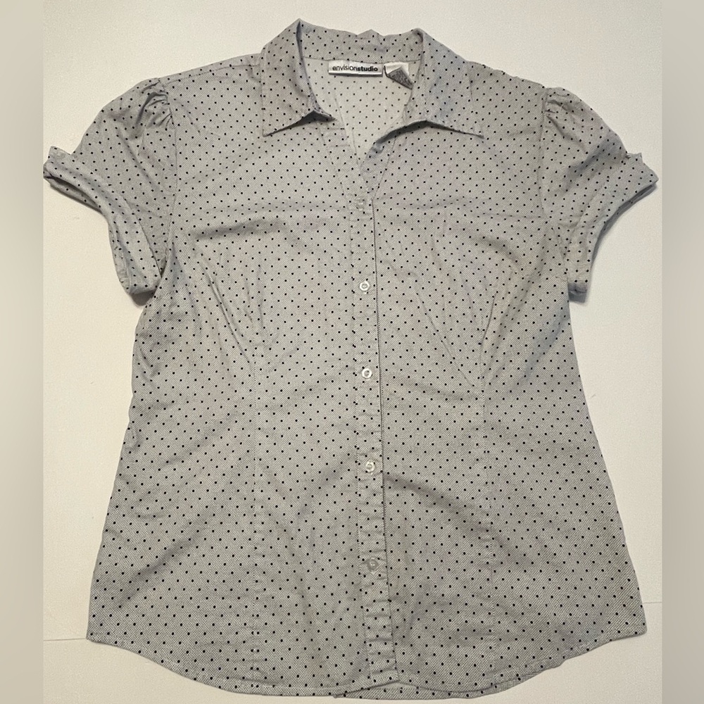 Envision Studio Gray & black dot Collared Button Work/Business Blouse Size Large